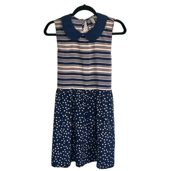 Forever 21 Navy Blue & Cream Polka Dot Stripe Sleeveless Girl's Dress - Medium - Picture 1 of 8